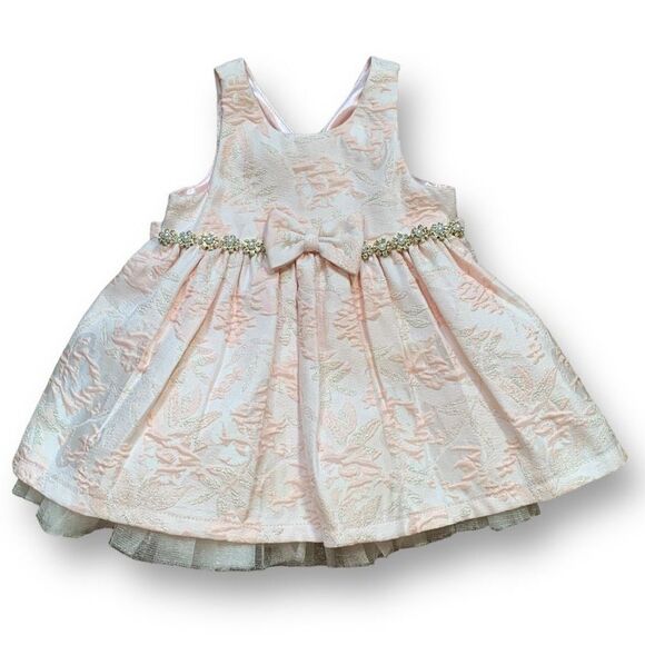 American Princess Dress Pink White Brocade Bow Pearl Embellished Crinoline 12M